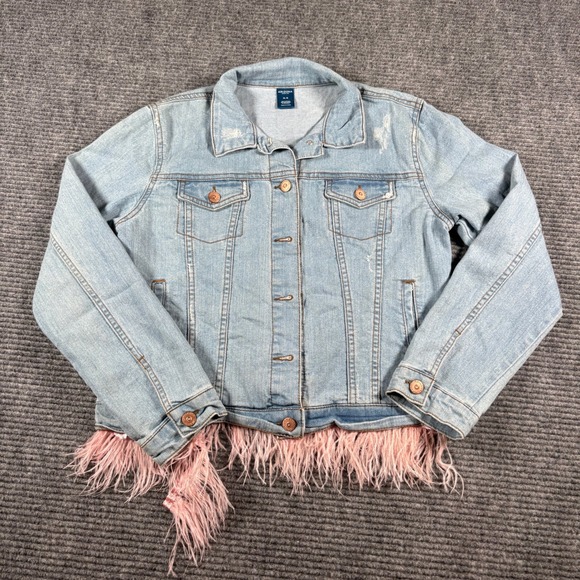 Arizona Jean Co Other - Arizona Jean Co Girls XL 16 Denim Jacket Light Wash Pink Feather Fringe Trim